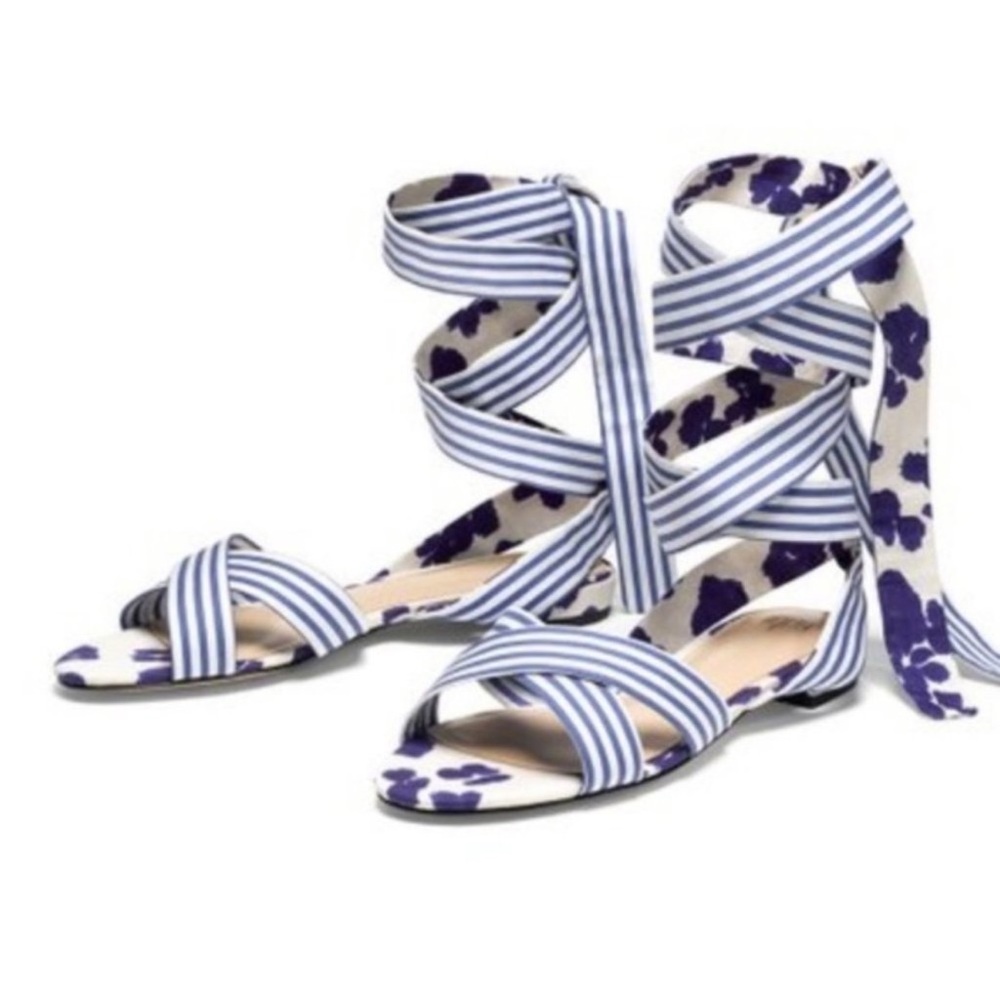 Cabi Tied Up Ankle Wrap Sandal Blue and White Striped Floral Sandals 9